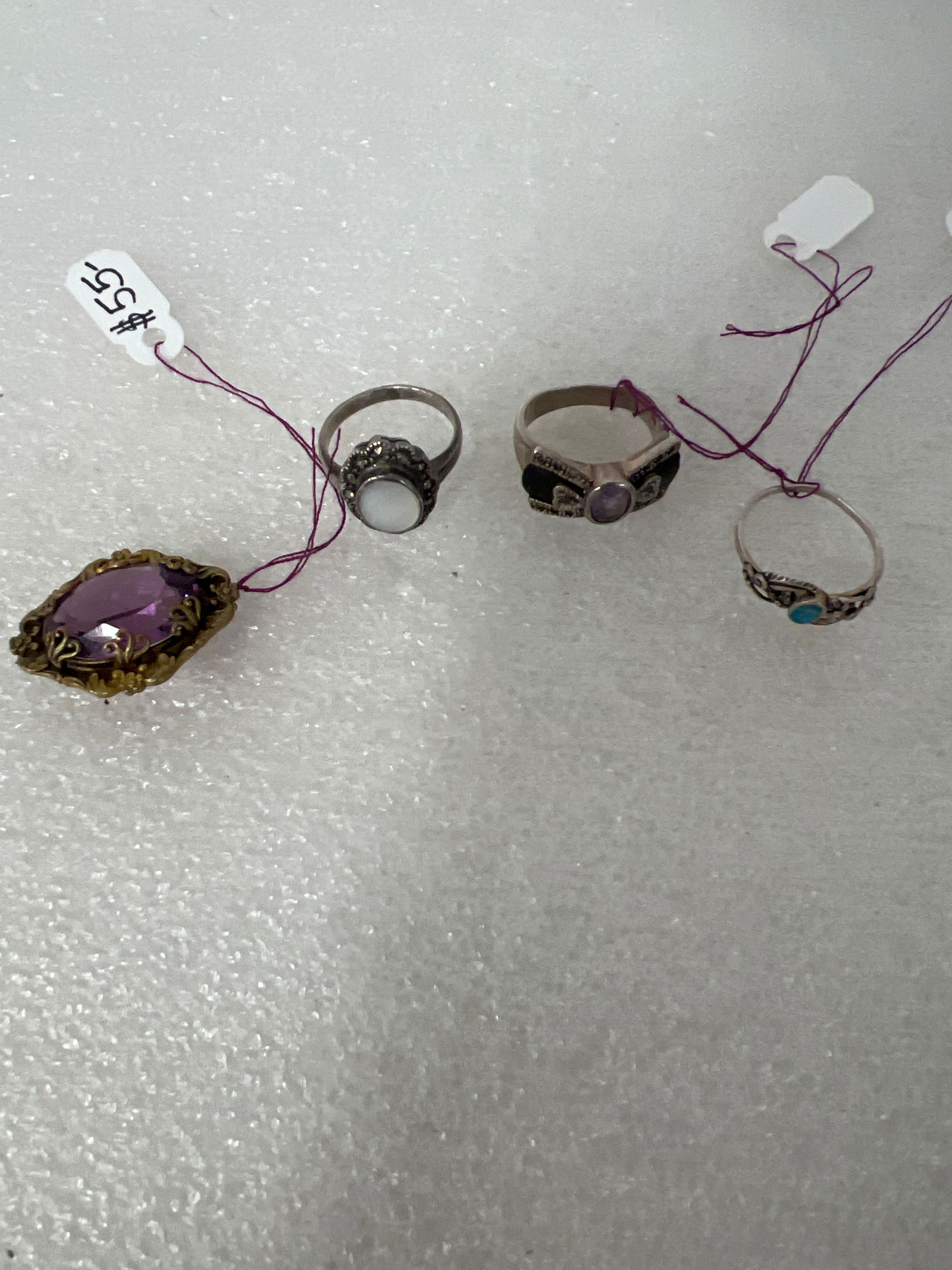Antique Sterling Silver Rings (3) & Victorian Gilt and Amethyst Brooch (4) (1 of 1)
