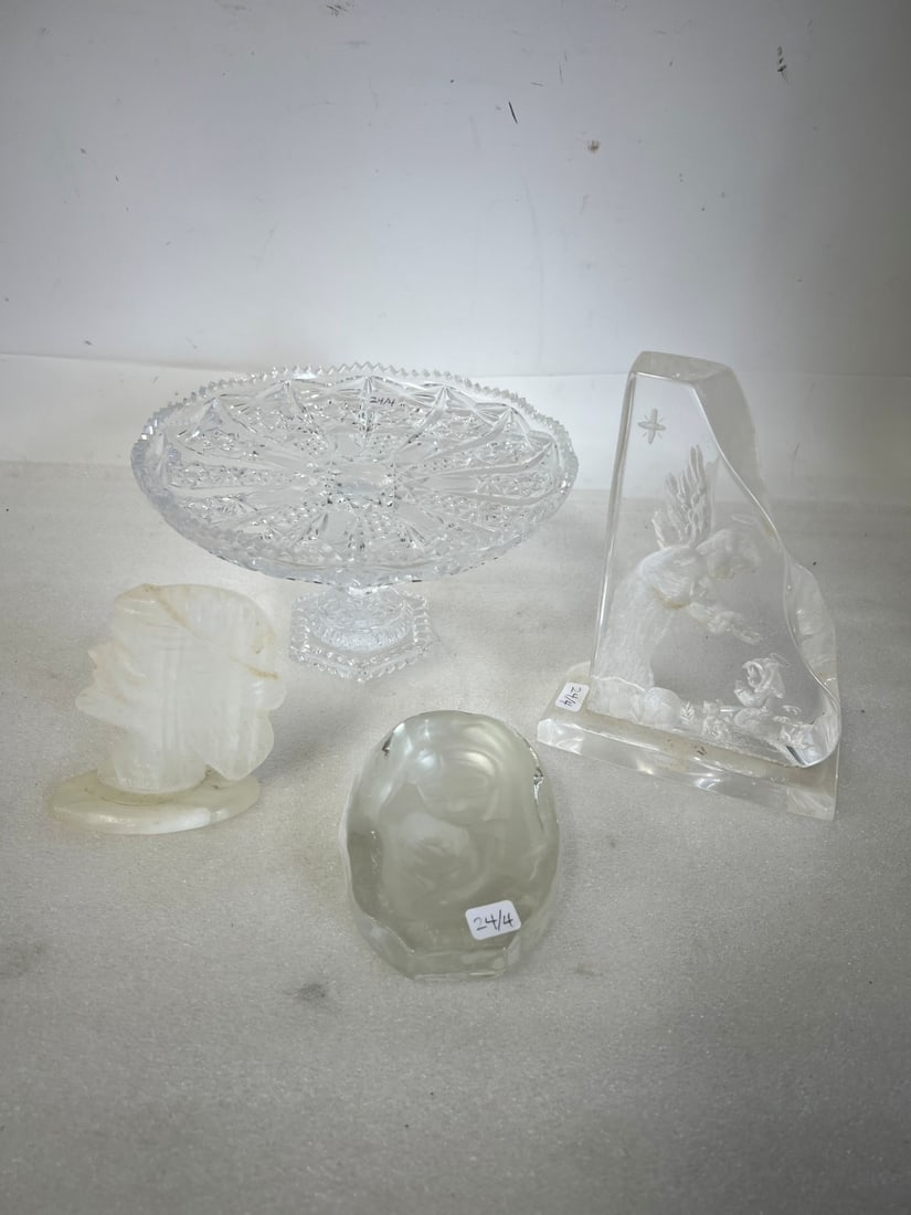 Glass Lot for Dealer or Collector (4): Antique Cut Glass Compote, Glass Statuary Angel and a Child. Glass Paperweight and figure with a headband, Four in the lot 5" H x 8 1/2"W (compote) to 4 1/2"H (figure wit head band)