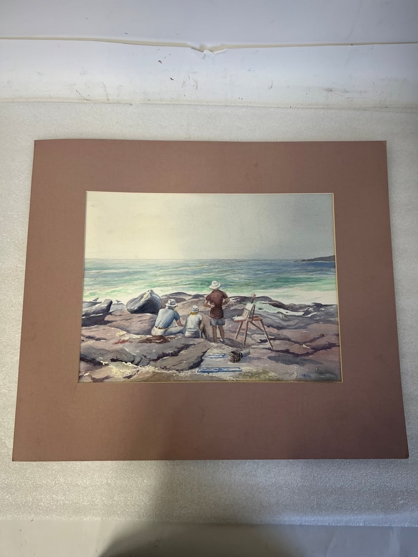 Watercolor. Painter at the Seashore: Watercolor on Heavy Paper Three Men Inc. a Painter at the Seashore, Matted. 19" H by 22" W