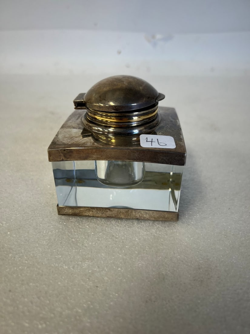 Vintage Crystal and Sterling Mont Blanc Inkwell: Heavy weight for paperweight usage as well 3" square Mkd. Sterling and Mont Blanc