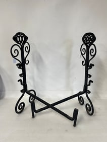 Antique Ornate Wrought Iron Andirons