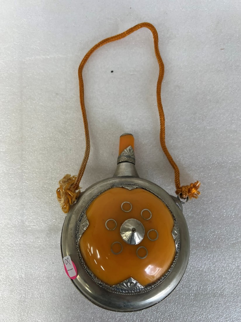 Tibetan Silver and Carnelian Flask: Carnelian inserts in body and in stopper.