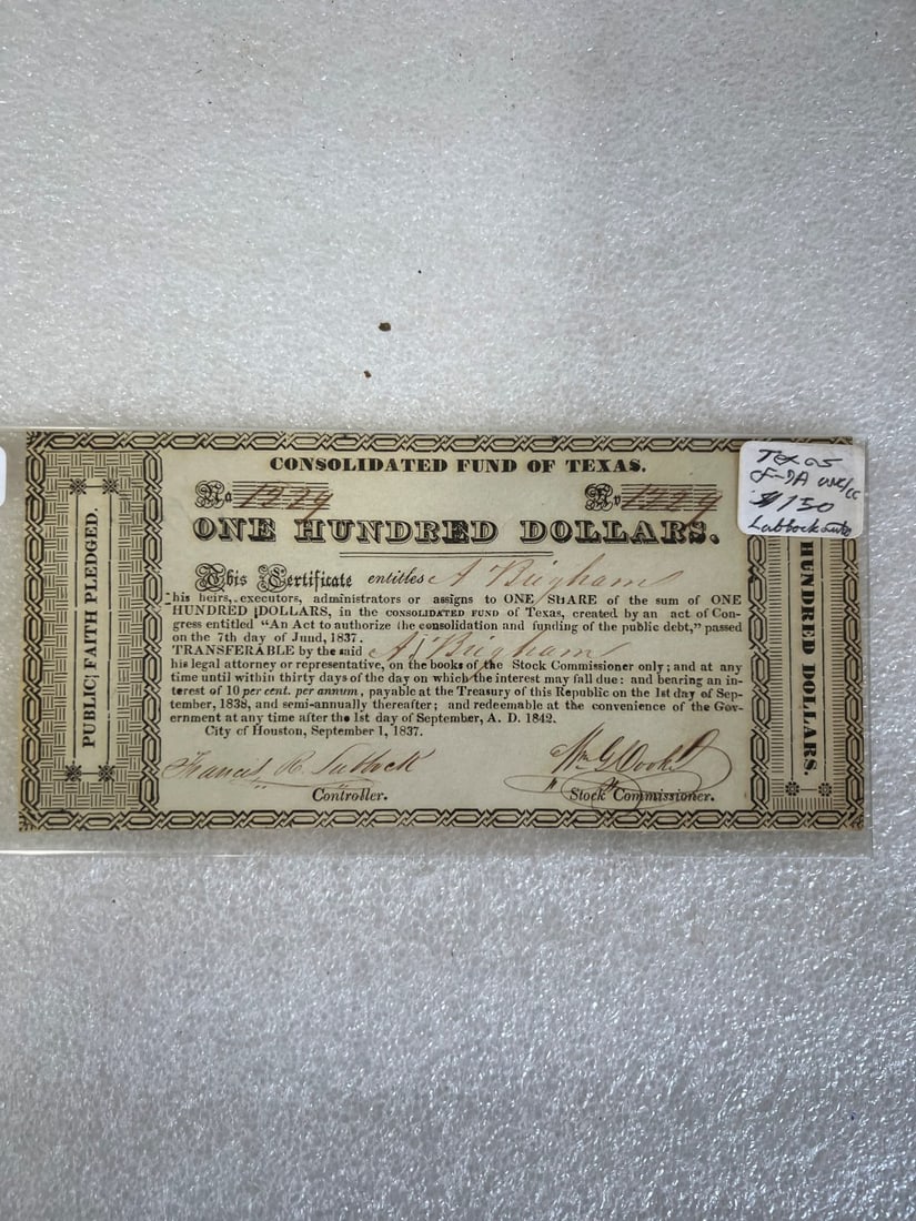 $100 Certificate Lubbock Texas.1837 (1 of 1)