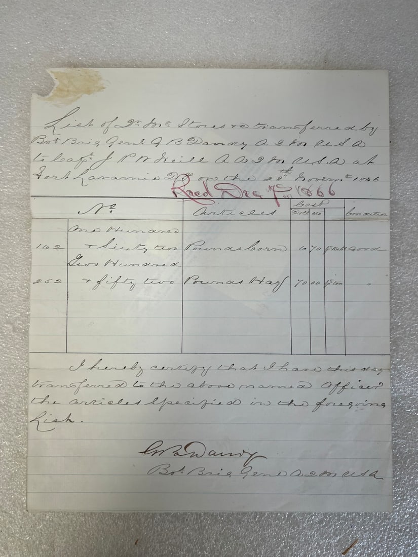 Forts Sedgwick & Laramie Dakota Territory 1866 Army Rations Receipt: For forage for mules, issued at Fort Laramie Dec. 1866. Sedgwick was the backwater post made famous by the movie Dances with the Wolves Ink