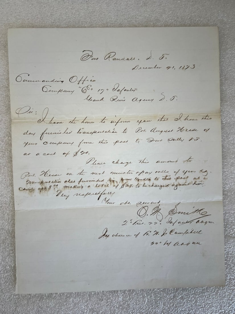 Fort Randall Dakota Letter: To Commander at The Grand River Dakota Territory Agency. Re: transporting troops from Fort Sully . Smith's full name was Oskaloosa Minetonka Smith.