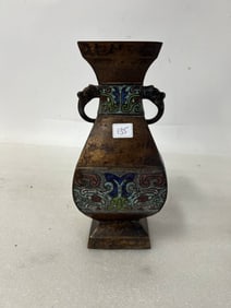 Antique Bronze Champleve Vase with Dragon Handles