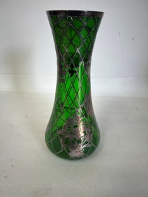 Antique Emerald Green Glass Vase with Sterling Silver Overlay