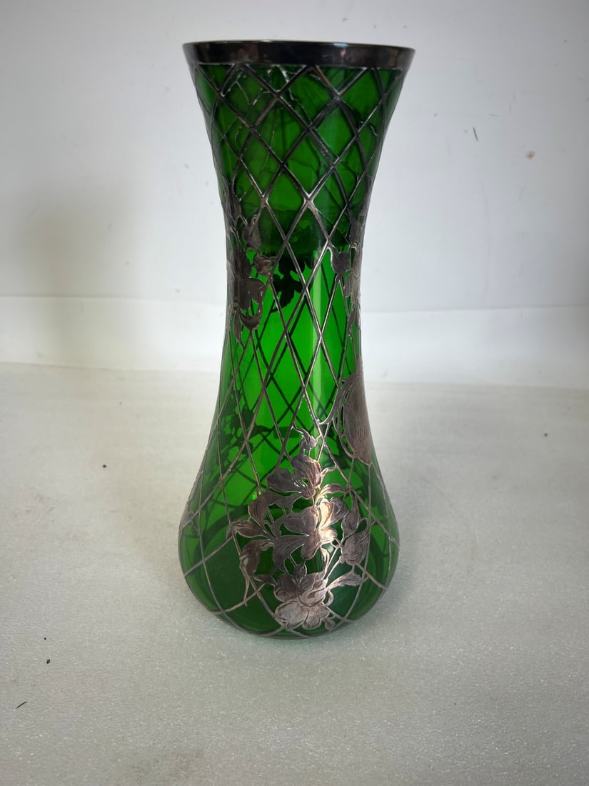 Antique Emerald Green Glass Vase with Sterling Silver Overlay (1 of 2)