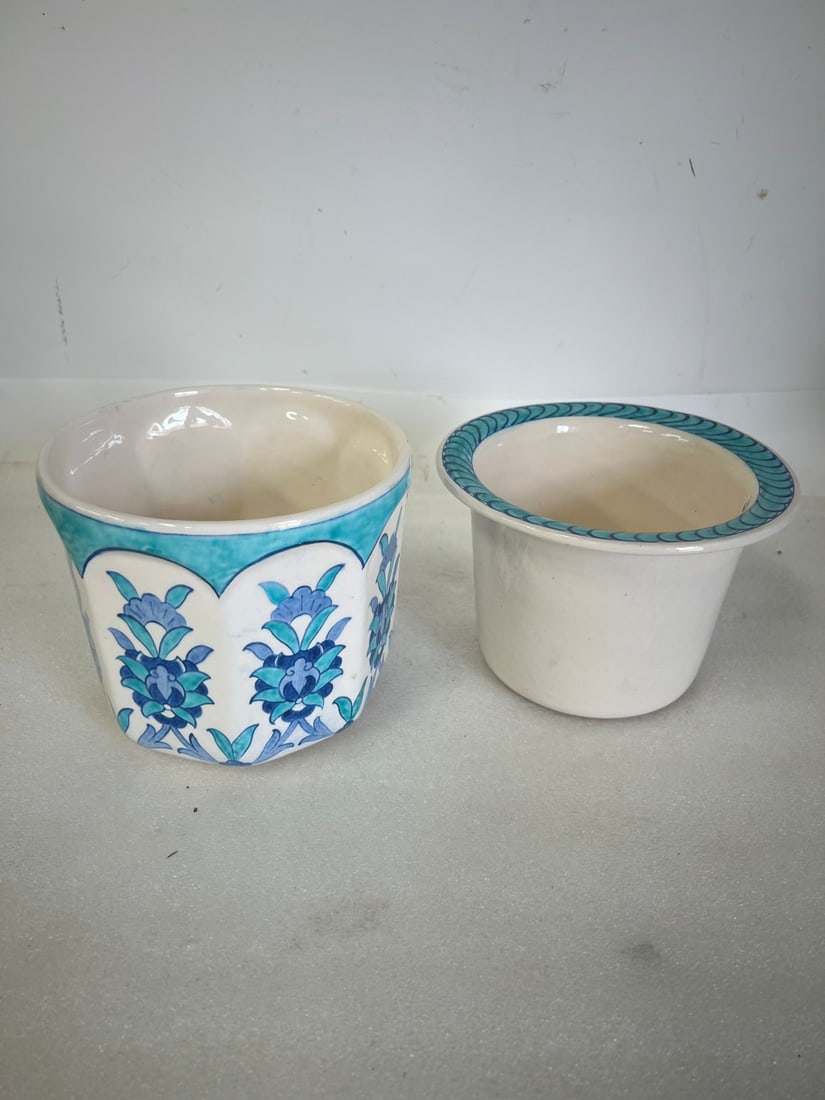 Hand Made Cache Pot with Liner: Liner with decorative rim. Extensive markings on the underside as pictured but hard to read.