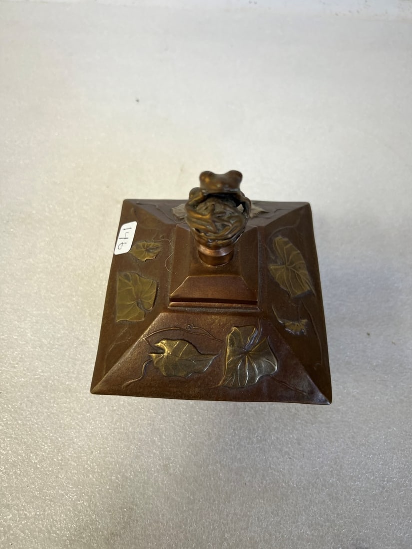 Arts and Crafts Bronze Figural Inkwell Sgd.: With frog finial and dore bronze leaves Sgd Pozycaski and with other markings