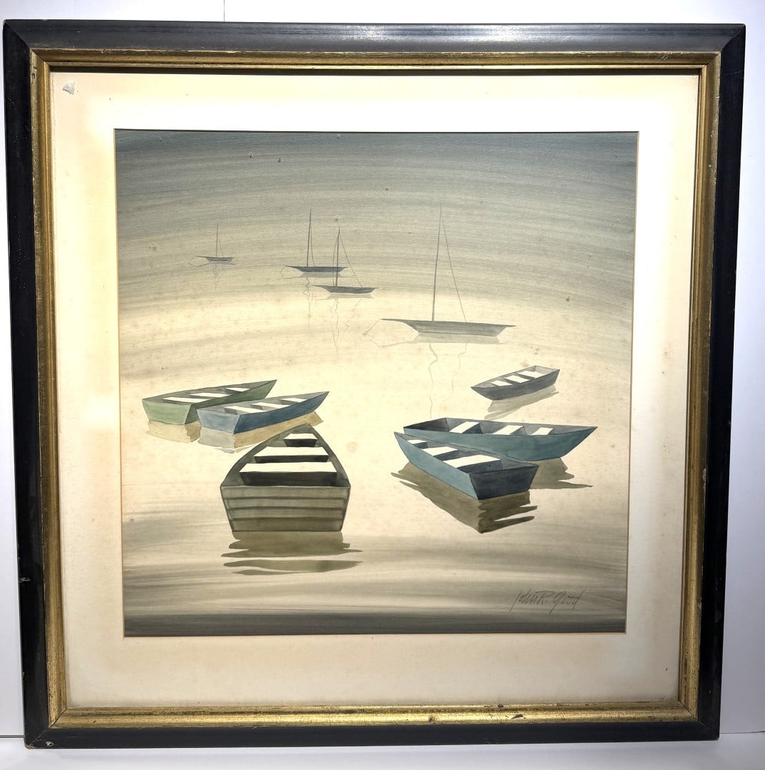 John R. Good; 20thC. Modernist Gouache Still Waters Signed (1 of 6)
