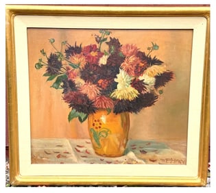 Paul Hain; 20thC. Oil Chrysanthemums in a Vase Signed