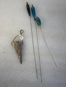 Three Antique Hat Pins & Silver Flower Holder Pendant