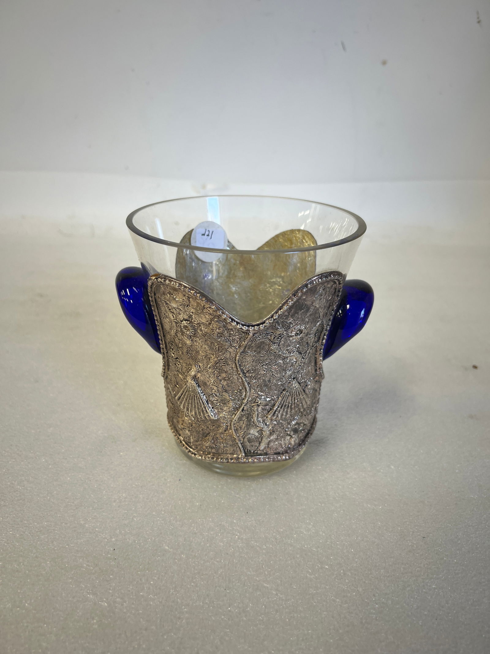 Antique Crystal Cobalt @ Silver Plate Vase: 6" H