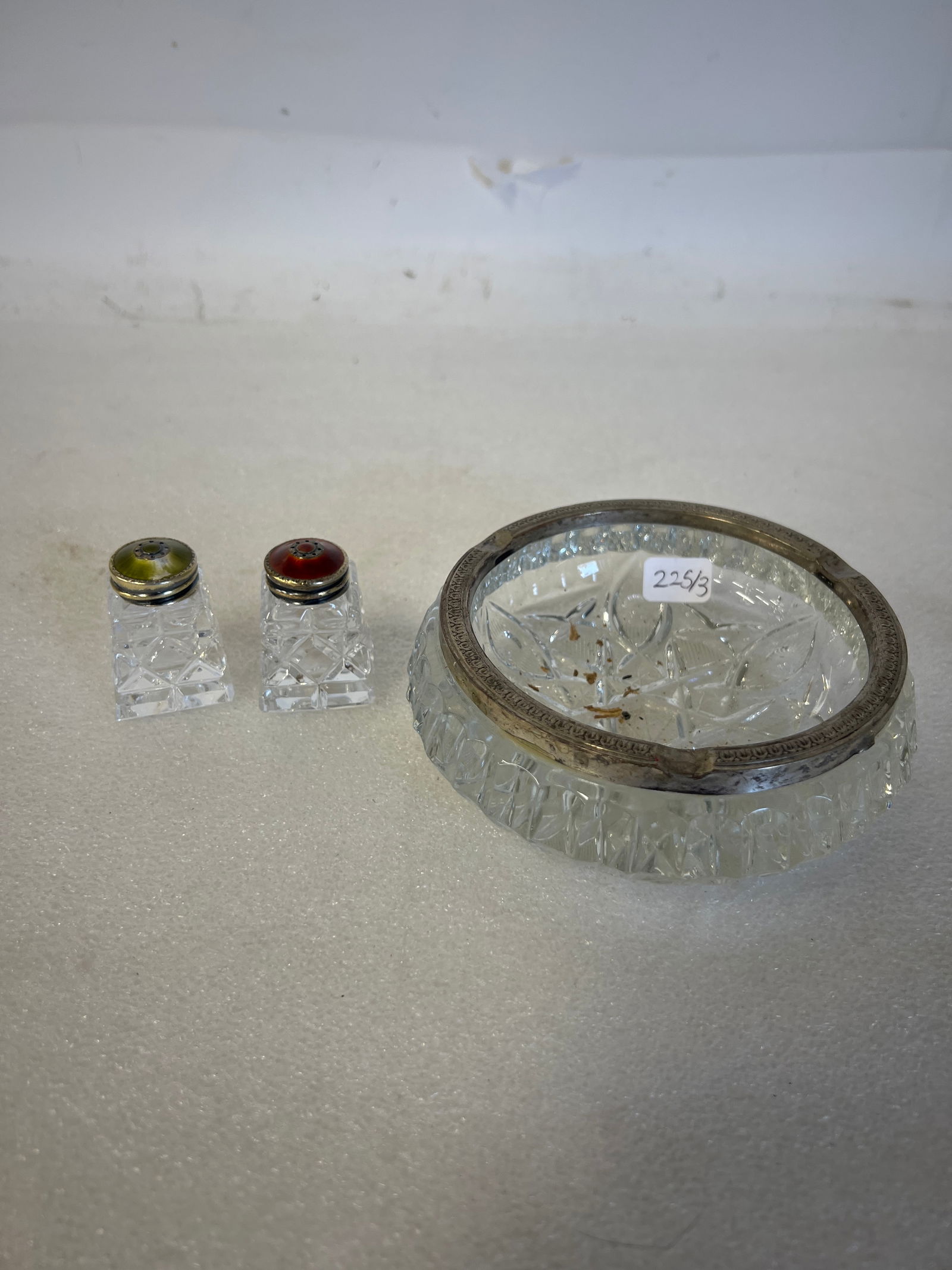 Collectors Lot of Glass (3): Sterling Silver Norwegian Salt and Peppers Marked Sterling 925 1 1/3" H. A Crystal and 800 Silver Ash try 4 1/4" H.