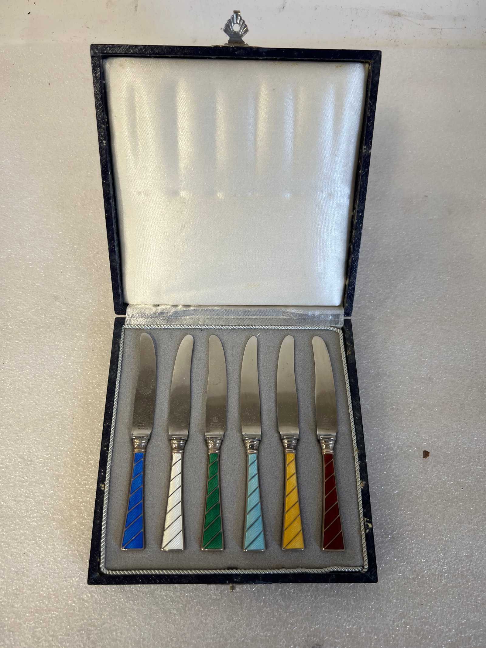 RAADVAD Sterling HORS DOEUVRES Knives (6): Danish Enameled Orig. Box.