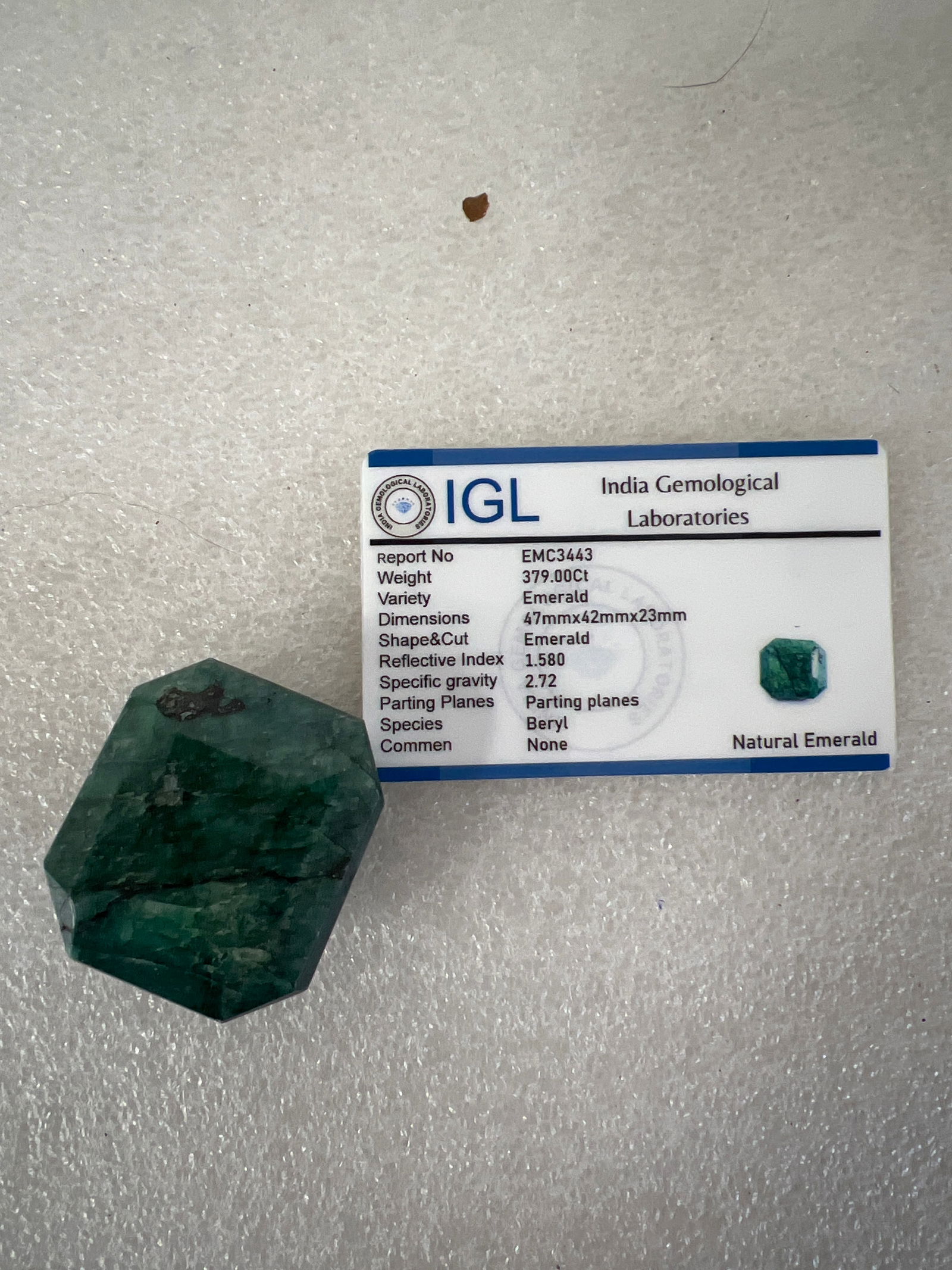 Natural Emerald 379 Carats.: With India Gemological Laboratory card giving all other specifications.