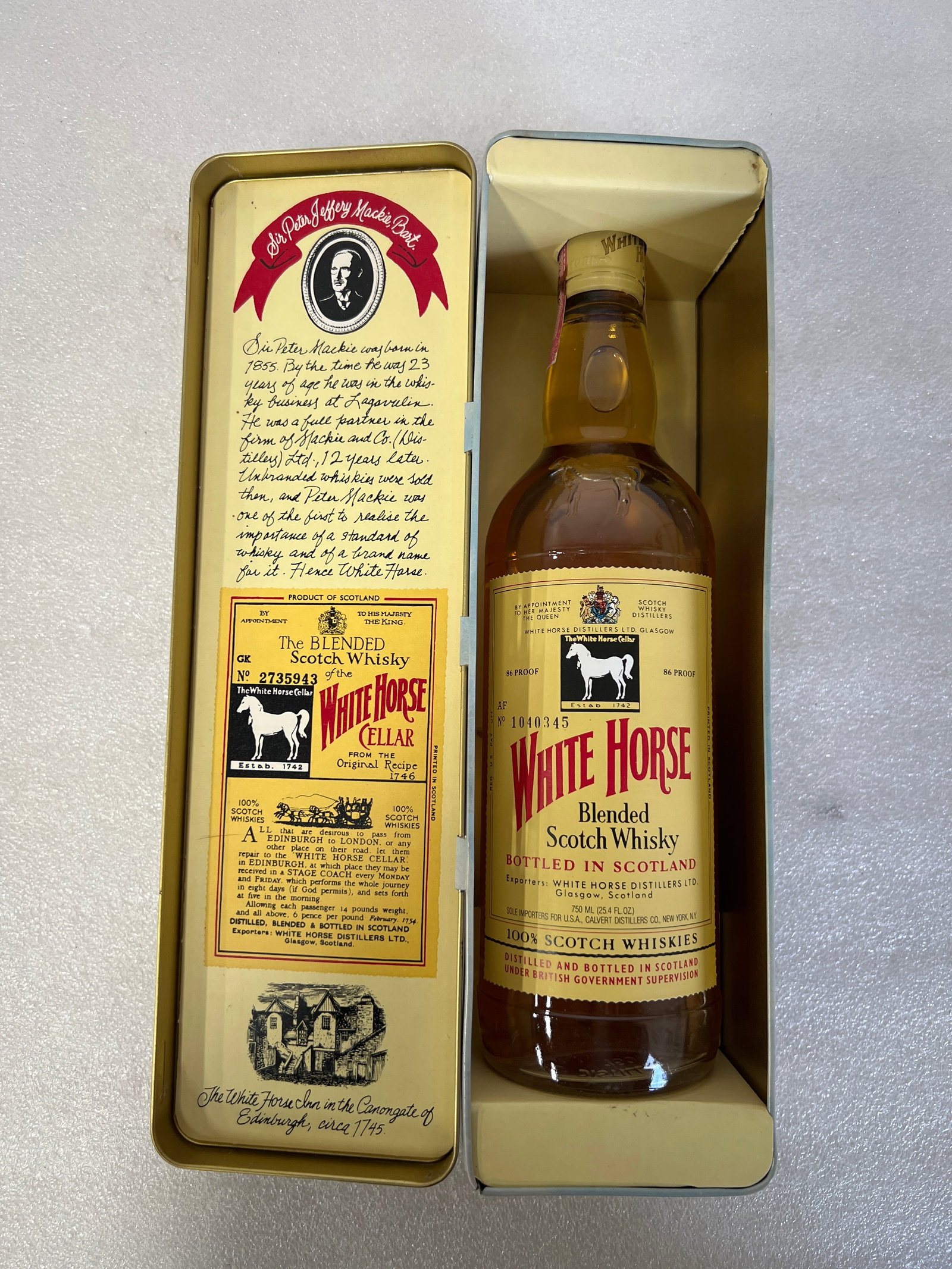 White Horse Liquor Bottle: In Tin as Pictured Sealed