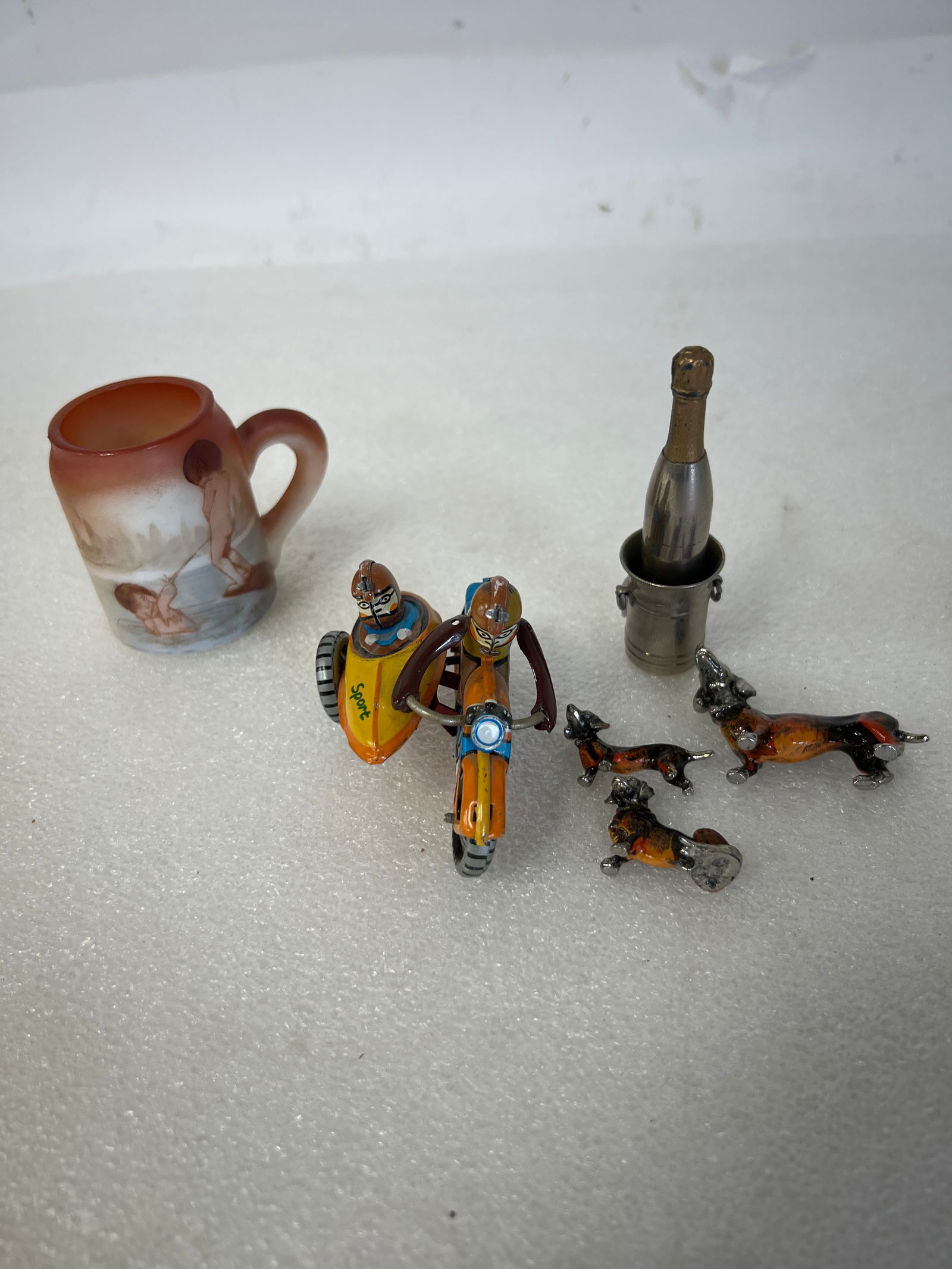 German Tin Motorcycle Toy, Enameled Silver Dachsunds (3) Etc (6) (1 of 2)