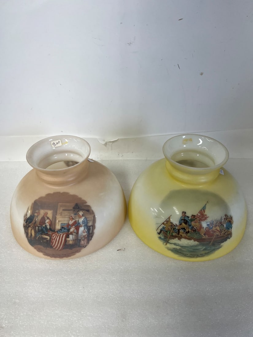 Two GWTW Lamp Shades: One is Washingkton Crossing the Delaware and oe Betsy Ross with Flag, 10"W One is yellow, one is pink/tan