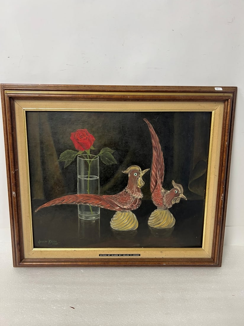Helen R. Kesse. Oil. Still Life. Sgd.: Oil on Board, Birds of Glass. Sgd. L. L. Helen Kesse.Dated 1988 20 3/4" x 25" Framed.