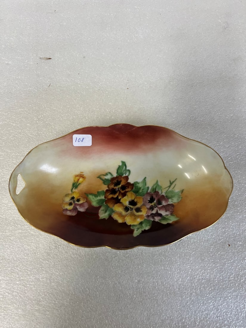 R.M. Poole Silesia Dish: Hand Painted with Pansies. Marked Silesia at the underside and artist sgd. R. M. Poole 8 1/2"L