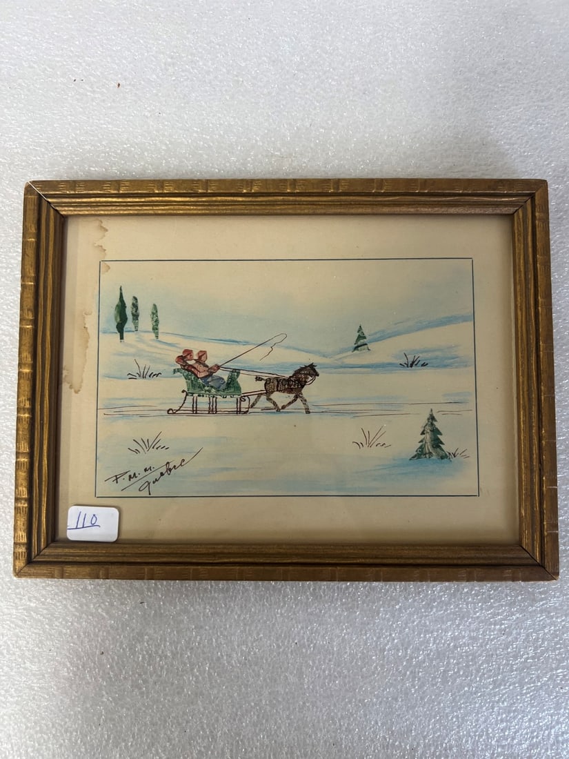 Sgd. Drawing P.M.M. Quebec Winter Scene: Sleigh partially fashioned from postal stamp ocs.