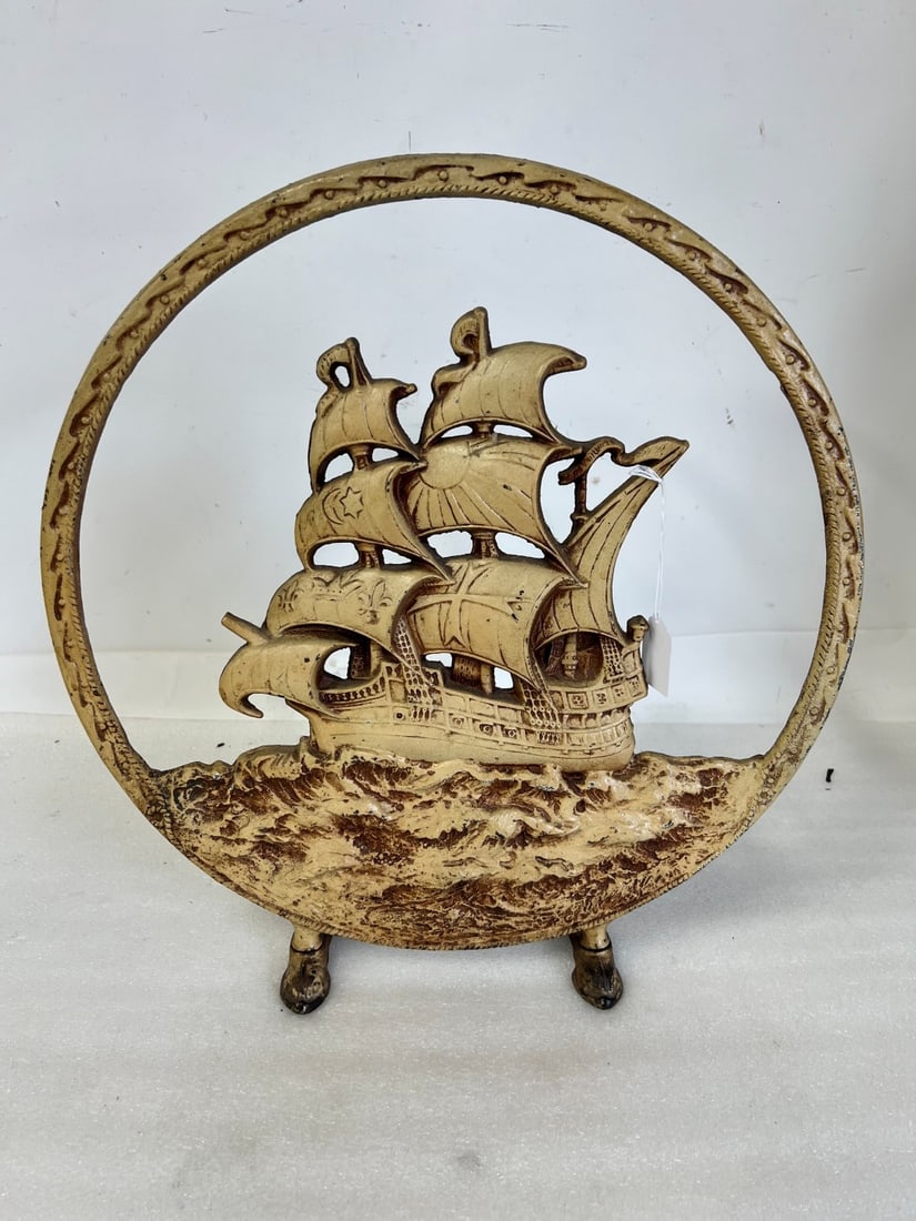 Polychromed Brass Ship Plaque: 18 1/2"H x 17 11/2"W