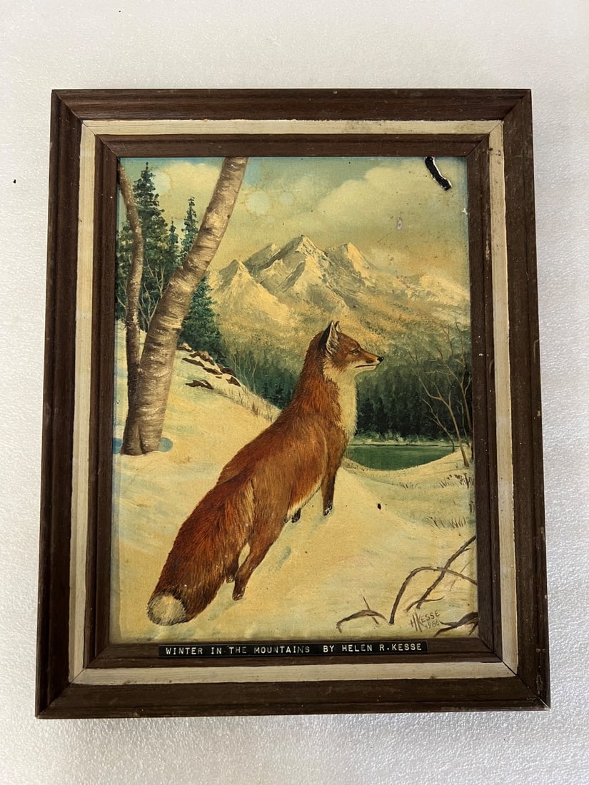 Helen R. Kesse Oil on board Sgd: Image of a fox with mountain landscape sgd lower right Helen R. Kesse 1986, Title of Piece Winter in the Mountains. 14 1/2" H by 11 1/2" W