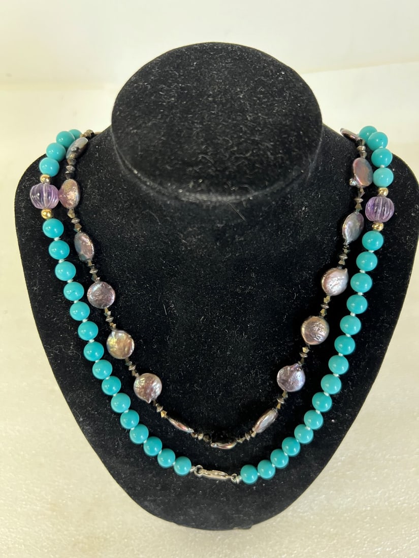 Vintage Necklaces (2): Turquoise and amethyst bead necklace and pearlized amethyst bead necklace. 11" L and 9 1/2"L (each one ise)