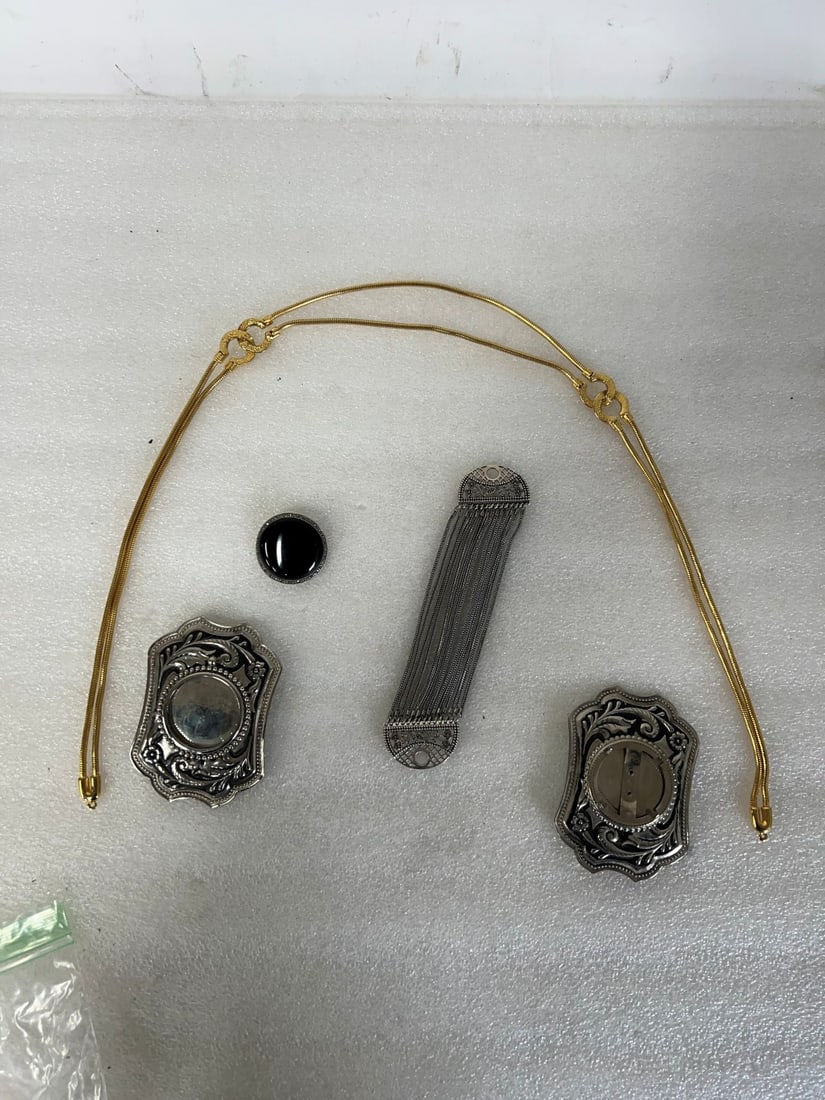 Vintage Costume Jewelry: An onyx and sterling silver buckle marked 925, two large silver repoused mirrored belt bckles (one needing mirror replacement; a "gold" belt, a fancy silver multi-strand collar holderl