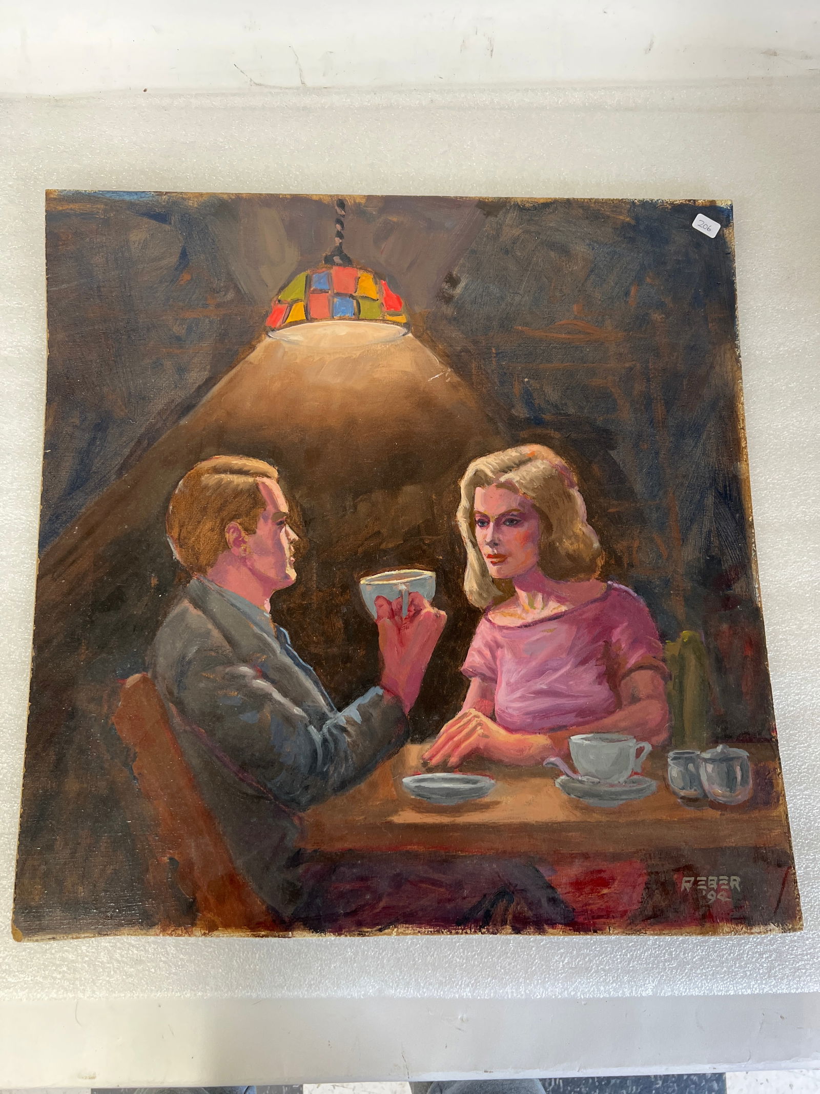Reber. Oil on Board . Sgd,. % Dtd. '94: Couple at a table. Sgd. LR. 20"H x 19 1/2"W