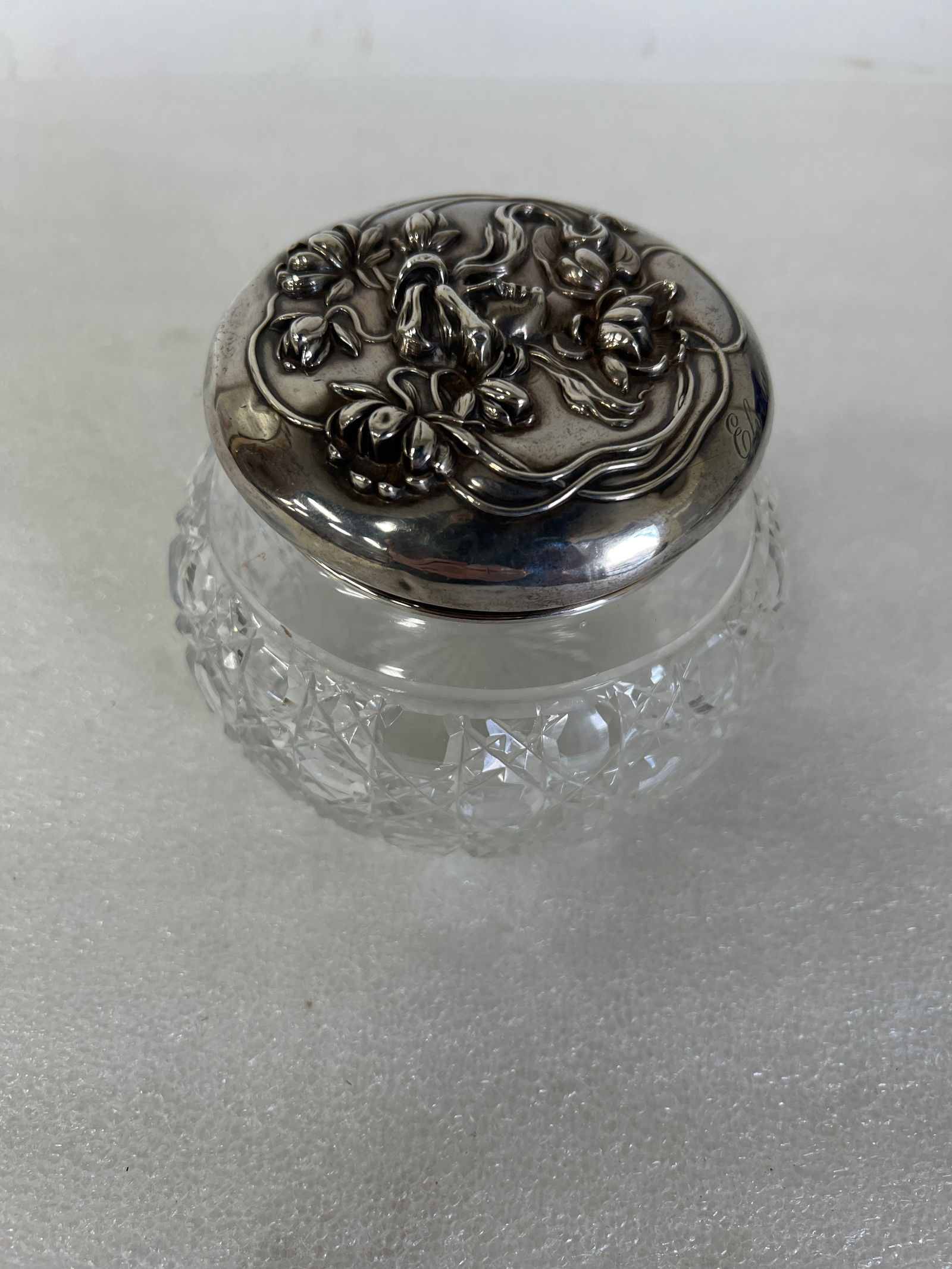 Victorian Dresser Jar Sterling Lid: Marked Sterling and Numbered 1447/4 size 4" H by 5" W