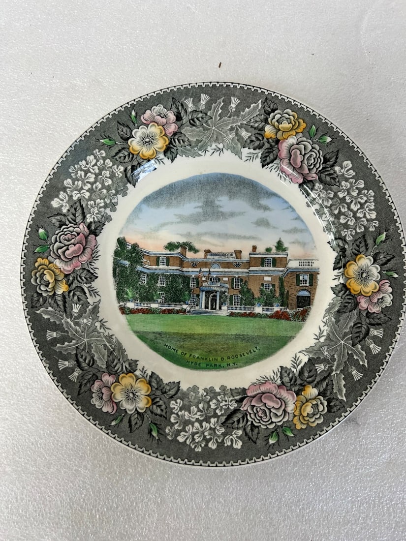 Old English Staffordshire Collectible Plate: Depicts the "Home of Franklin D. Roosevelt, Hyde Park, N.Y.". Marked at the back "Old English Staffordshire Ware" Est 1647. 9.75" in diameter.