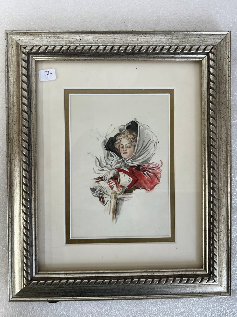Vintage American Illustration: Illustration of a woman driving. No markings. Matted and Framed. 12"L by 10.25"W