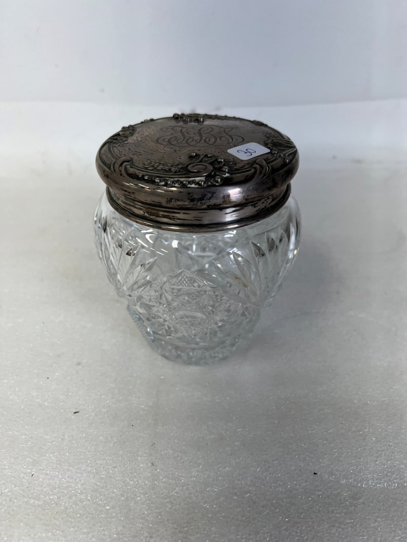 Vintage Cutglass Dresser Jar w/ Sterling Lid. (1 of 2)