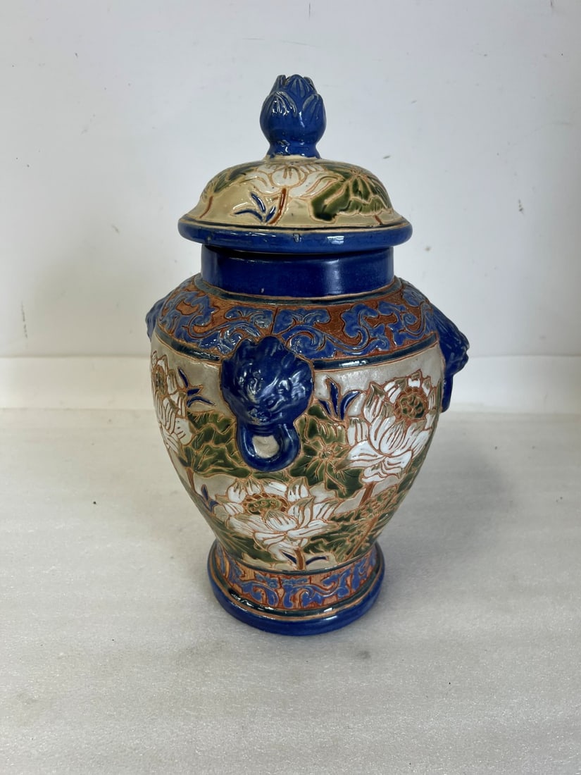 Large Ornate Oriental Pottery Jar (1 of 2)