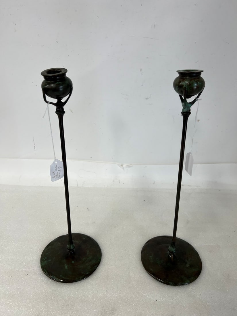 Pr. Tiffany Studios Bronze Candlesticks Sgd (1 of 2)