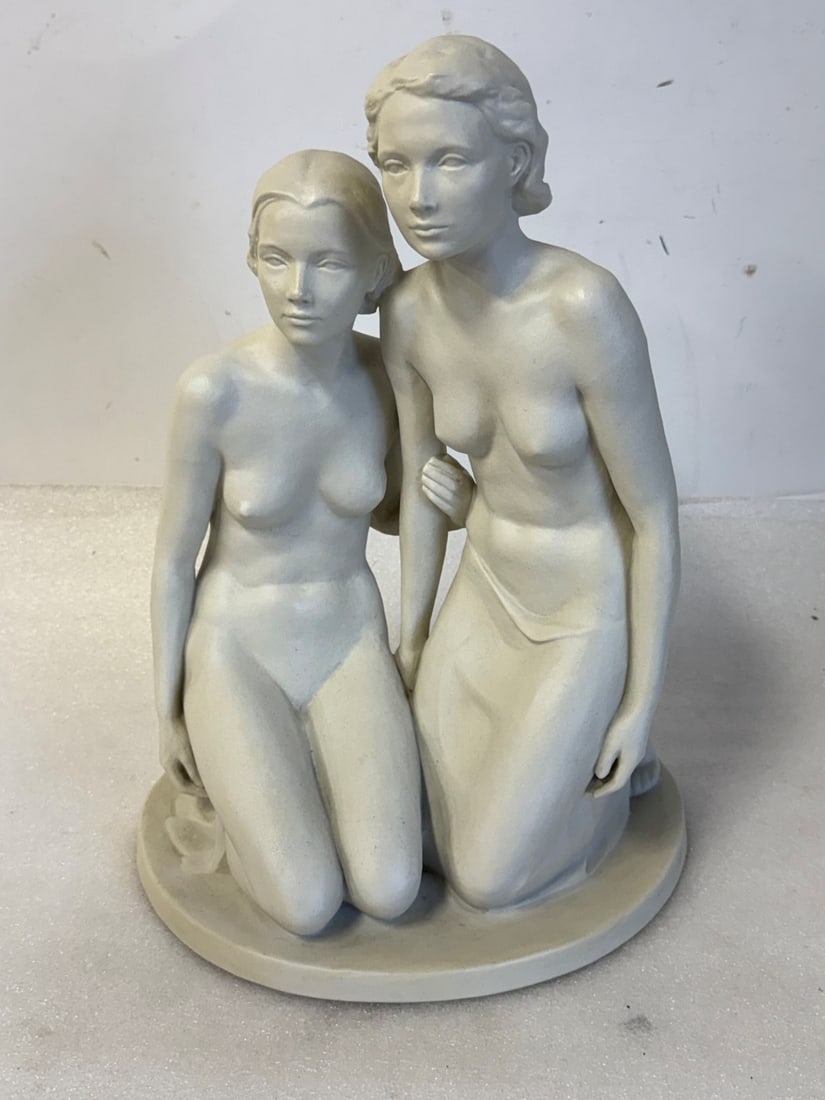 Rosenthal Germany Bisque Porcelain Grouping: Bisque porcelain grouping. Sisters. Original by Dorthea von Philipsborn for Rosethal. Impressed with artist's monogram, D v P and marked at underside; 15in.H. x 11in.W.