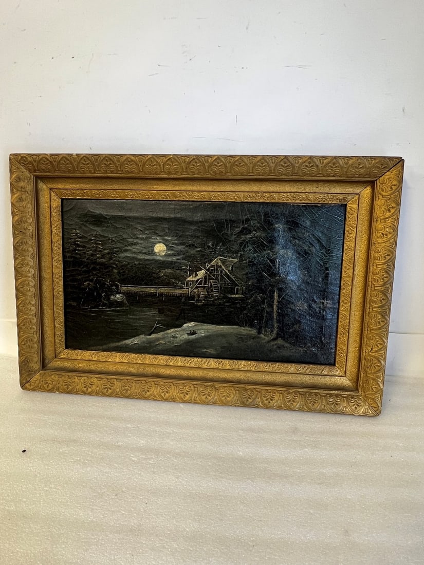 Oil on Canvas Moonlit Winter Scene (1 of 3)