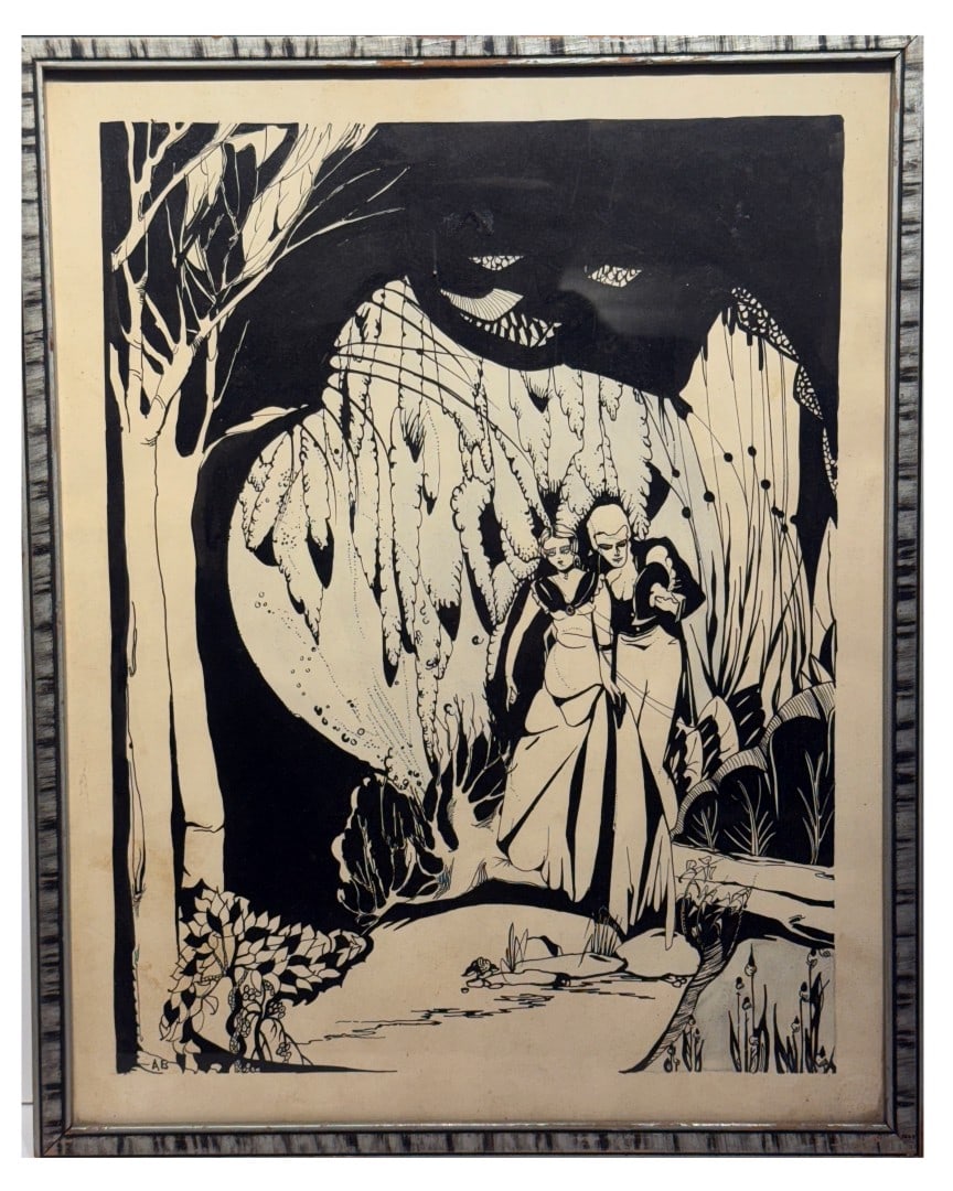 Aubrey Vincent Beardsley(attributed to); Original Ink Drawing - A Romantic Stroll (1 of 5)