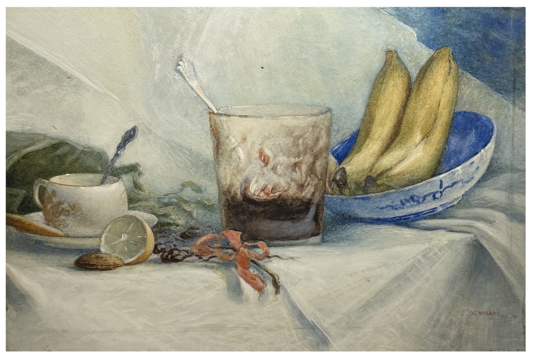 Otto Charles Wigand; American Watercolor Still Life Signed: Otto Charles Wigand(1856-1944) watercolor on paper(mounted on board). Table Still Life. Signed lower right, inscribed NY and daterd '05; 9.5in. x 13.5in.(image)