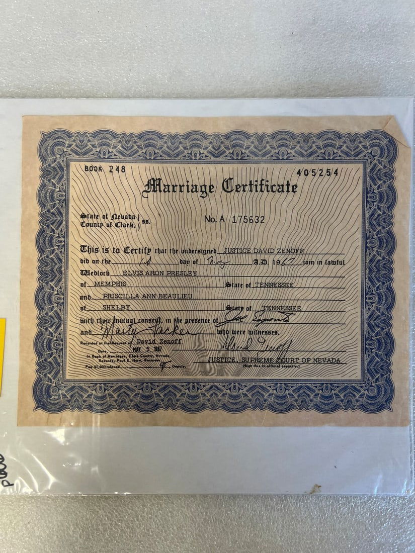 Original Elvis Presley Marriage Certificate (1 of 2)