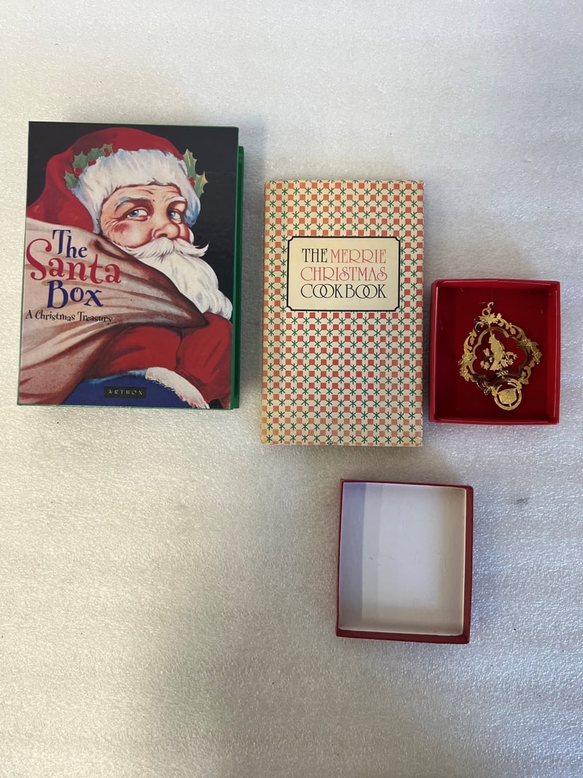 Vintage Christmas Thngs (3): 24 K Gold Finish Christmas ornament, orig. box; Santa Box (emptu) , The Merry Christmas Cook Book eter Pauper Press, 1955 . 2084