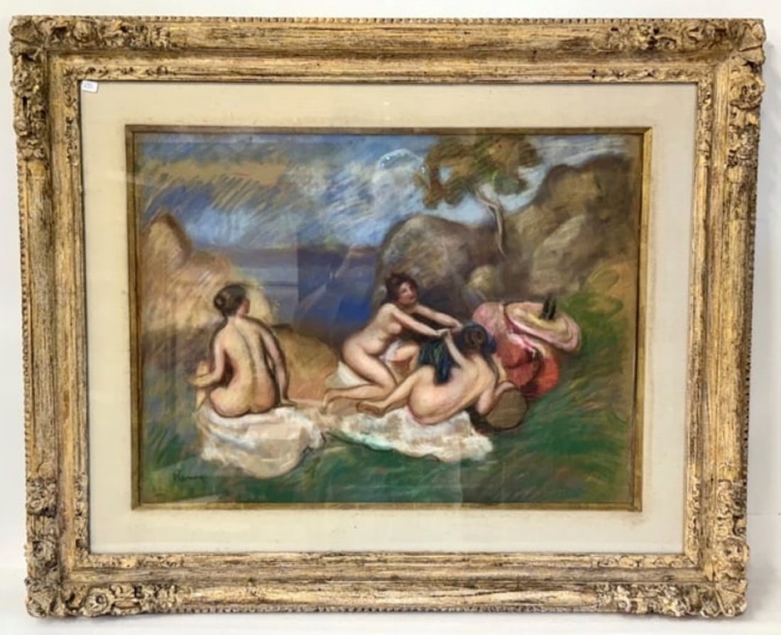 Pierre August Renoir (Attributed to) Pastel Sgd': On heavy paper. Baigneurs au Jeu (Bather Series) attributed to Renoir. Signed lower left. 20.24 inches x 27" (sight size )