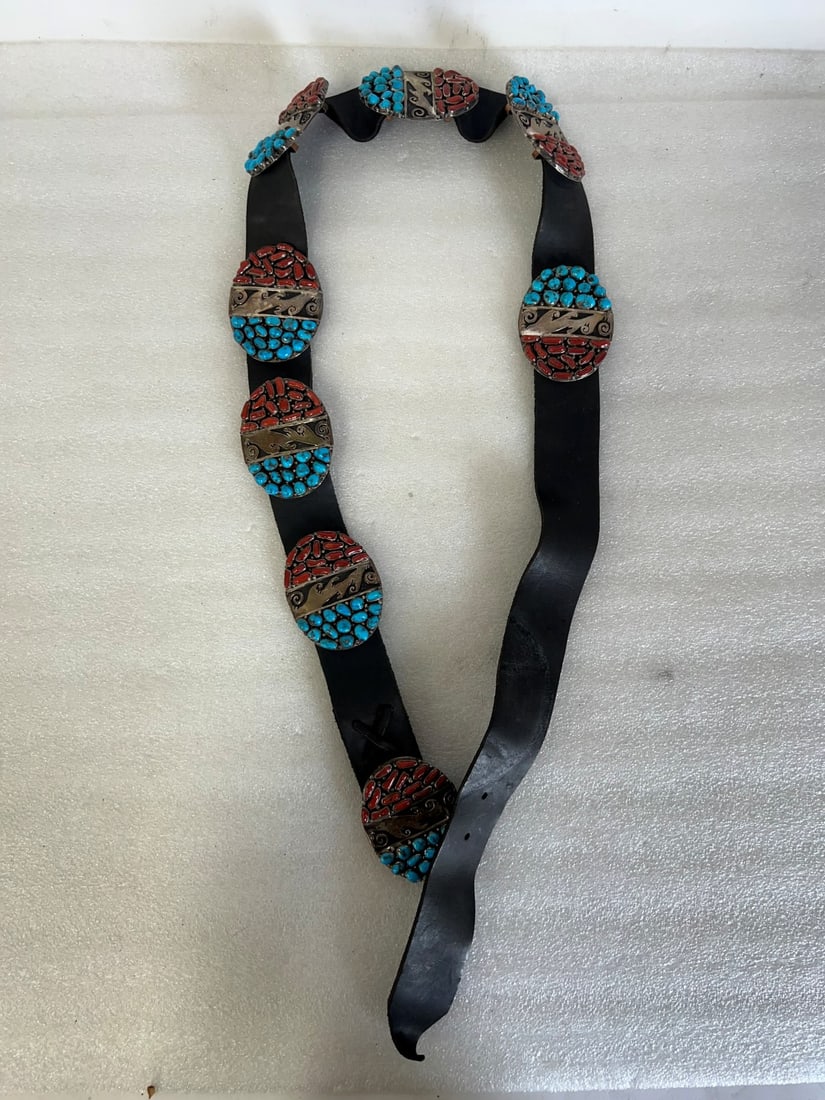 American Indian Turquoise and Coral Belt: Eight oval medallions of silver, turquoise and coral Good design and good quality. Pictured in Arizona Highways Each medallion is 3 1/2"W and 2 1/2"H