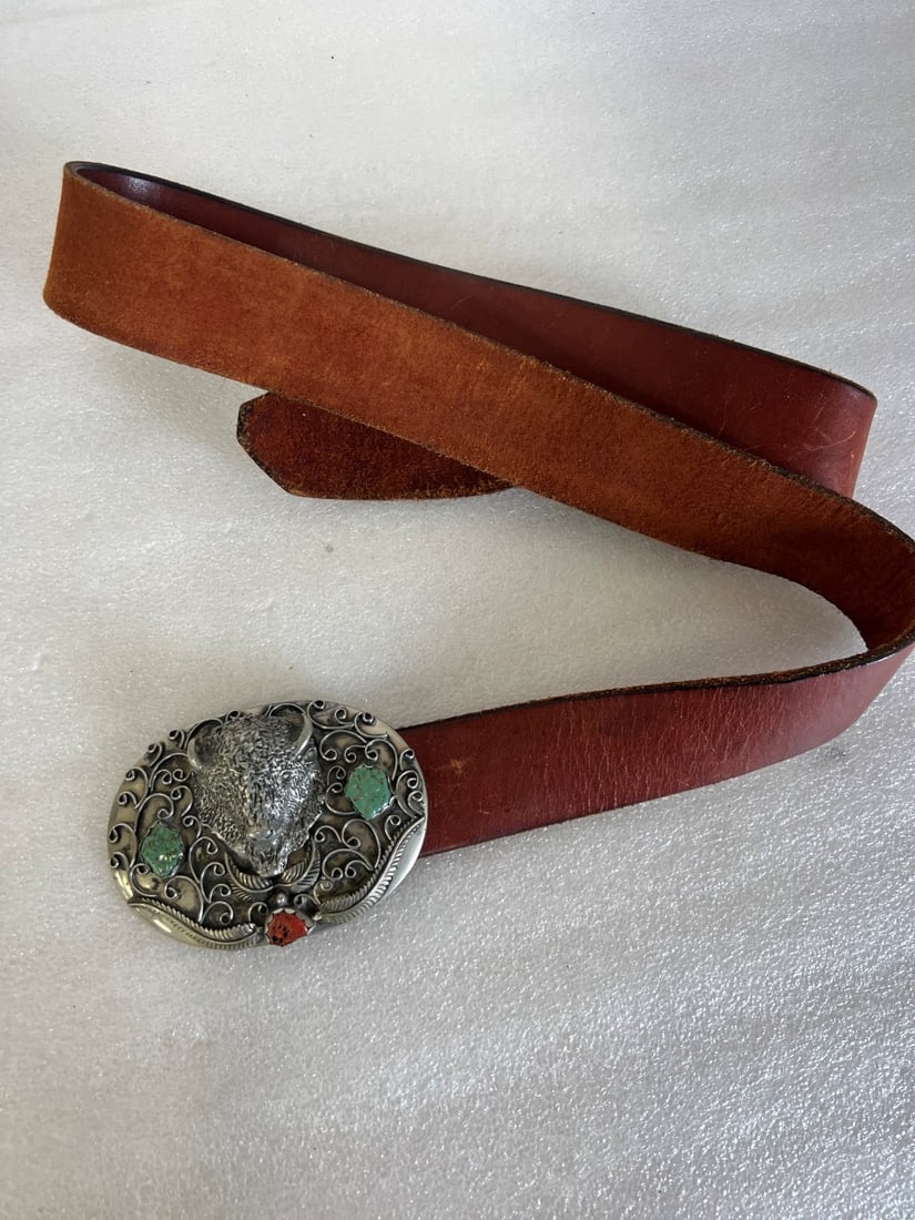 Good Quality Western Belt Buckle: Ornate silver with bas relief buffalo head with jade and carnelian stone mounts. 4 1/4"W x 3 1/2{H