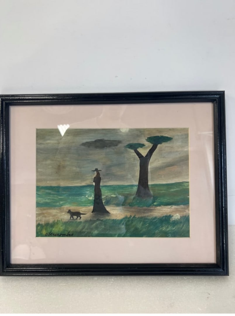 Abercrombe. Oil on Paper, Women with Cat sgd: Sgd on bottom Left Matted and Framed 7 3/4" x 10 3/4