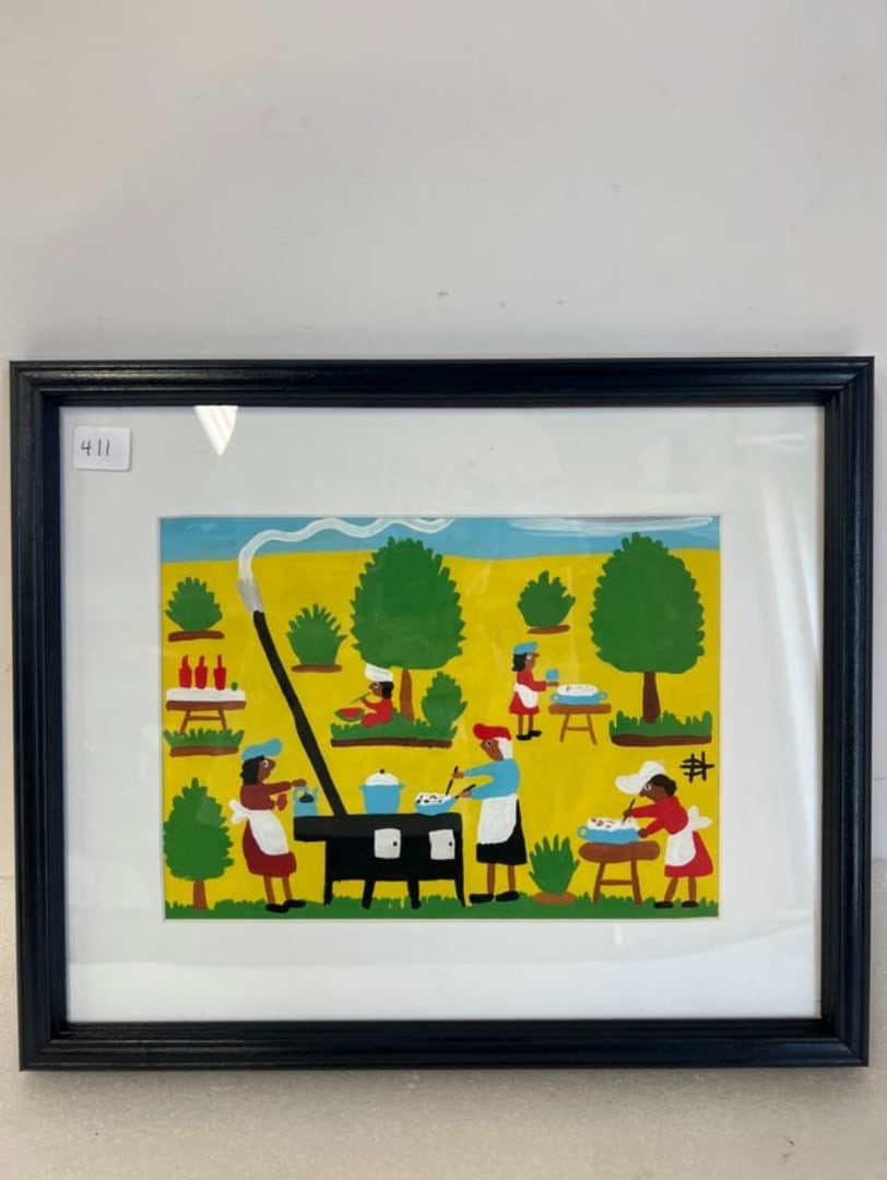 Clementine Hunter. Oil on paper Sgd.: Signed with her initials. Outdoor Cooking. 7 1/2" x 10 1/4"