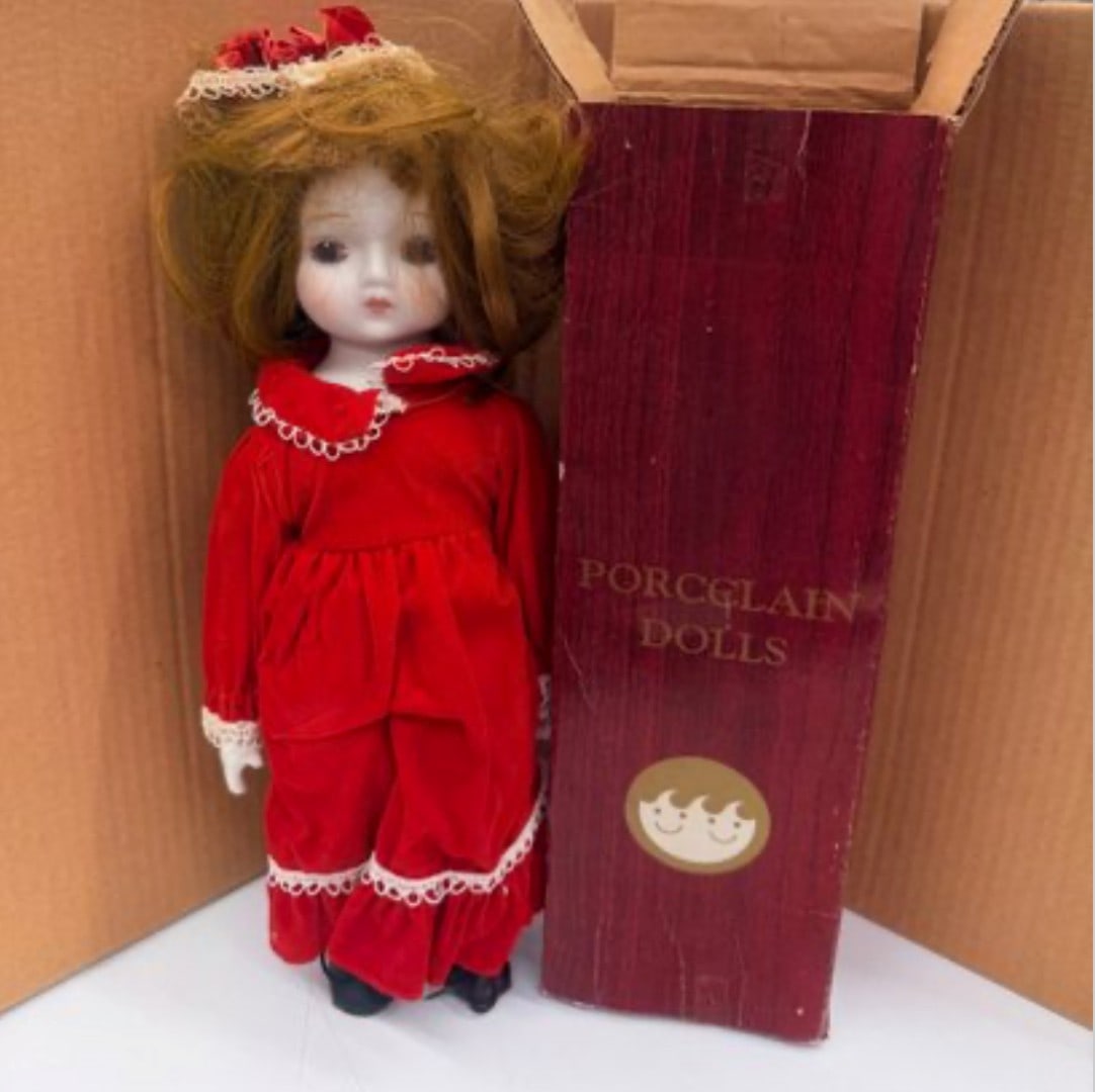 Collectible Vintage Porcelain Doll In Red Velvet Dress (1 of 3)